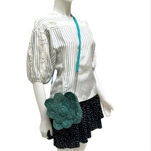 Poppie Jones Straw Crossbody Handbag Blue Woven Flower Boho Cottage core Artsy